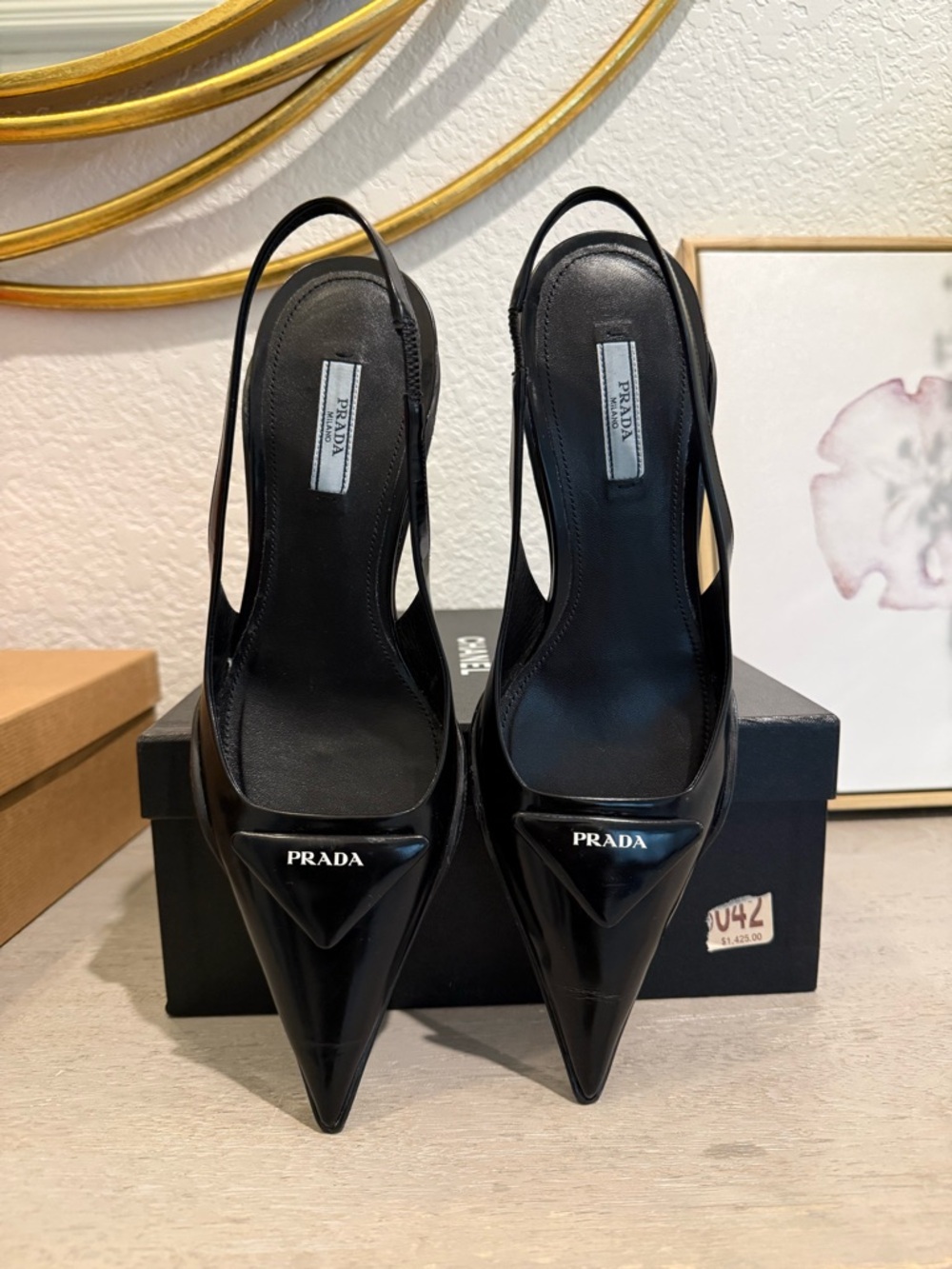 Prada Black Patent Leather Pointed Toe Slingback Pumps